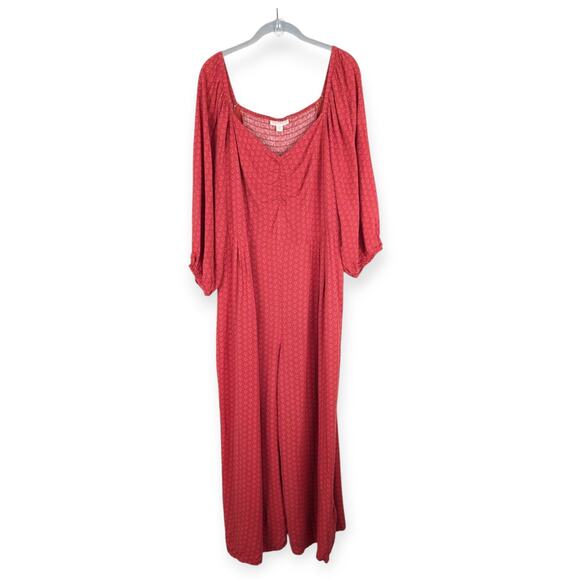 Knox Rose Red Patterned 3/4 Puff Sleeve V-Neck Smocked Cropped Jumpsuit Size XL - Picture 2 of 12